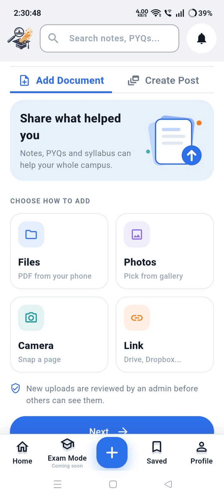 Add Document screen with Files, Photos, Camera and Link options