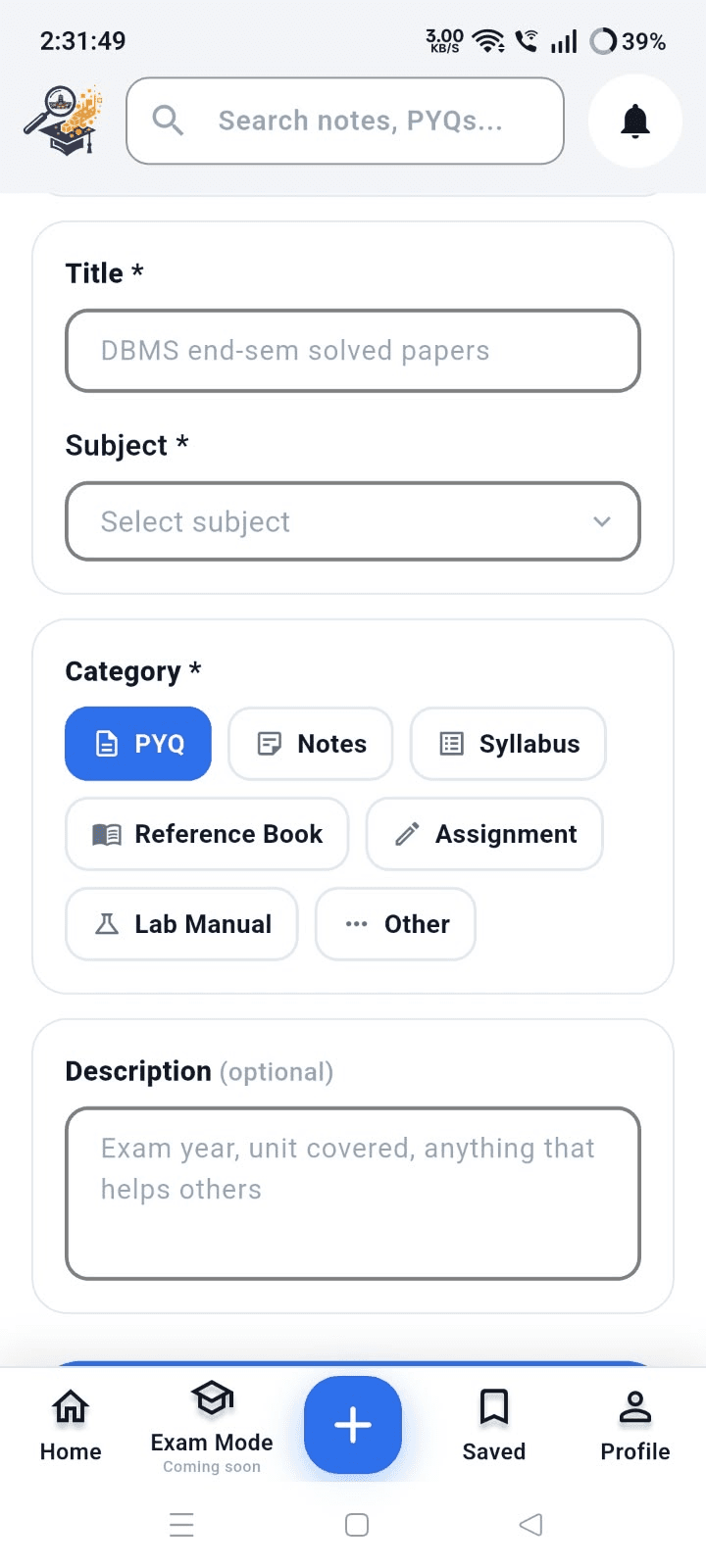 Add Document form with title, subject and category fields