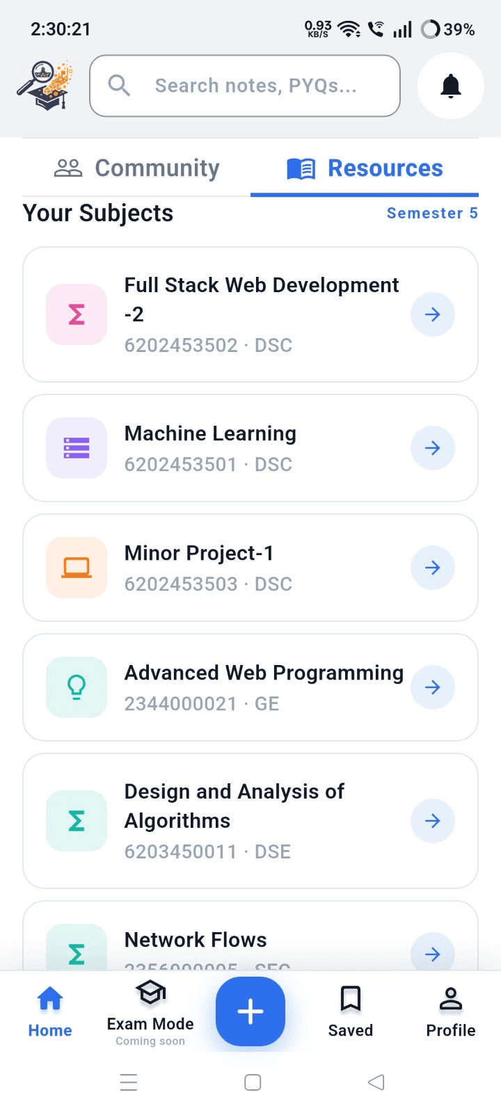 Semester Forge Resources tab listing the student's subjects for the semester